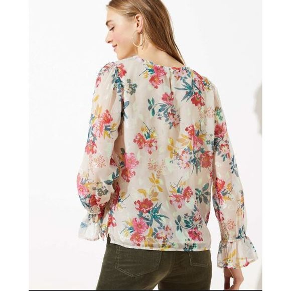 LOFT Floral Bell Cuff Blouse Floral Pink Gold Med - Picture 2 of 12